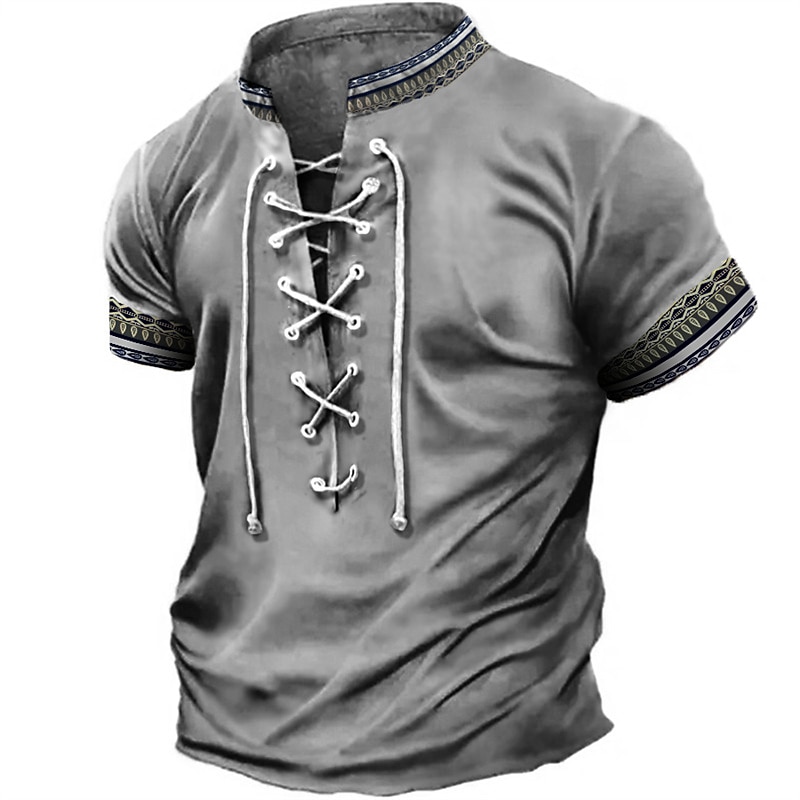 Men's T Shirt Graphic Tribal Stand Collar Clothing Apparel 3D Print Daily Sports Going out Short Sleeve Lace up Print Polyester Vintage Fashion Designer2