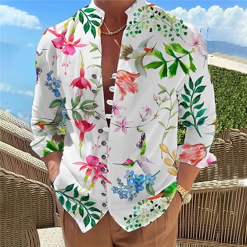 Men's Floral Graphic Prints Shirt Long Sleeve Shirt Stand Collar Outdoor Vacation White Red Purple Print Clothing Apparel Fashion Designer Casual Comfortable