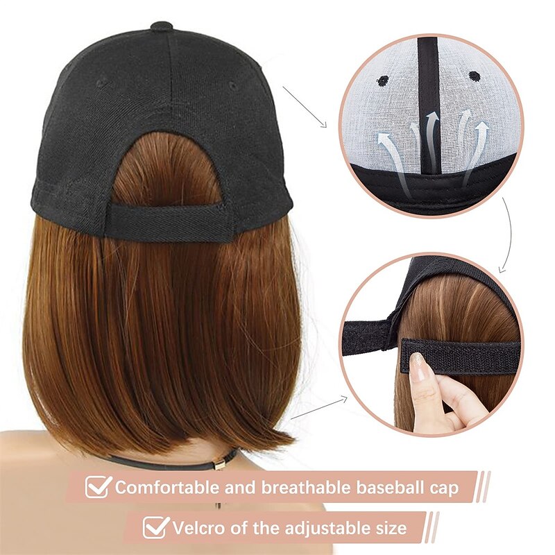 Baseball Cap with Hair Extensions for Women Heat Resistant Synthetic 6'' Adjustable Short Straight Hairpiece Replacement Wigs in Hat for Girls4