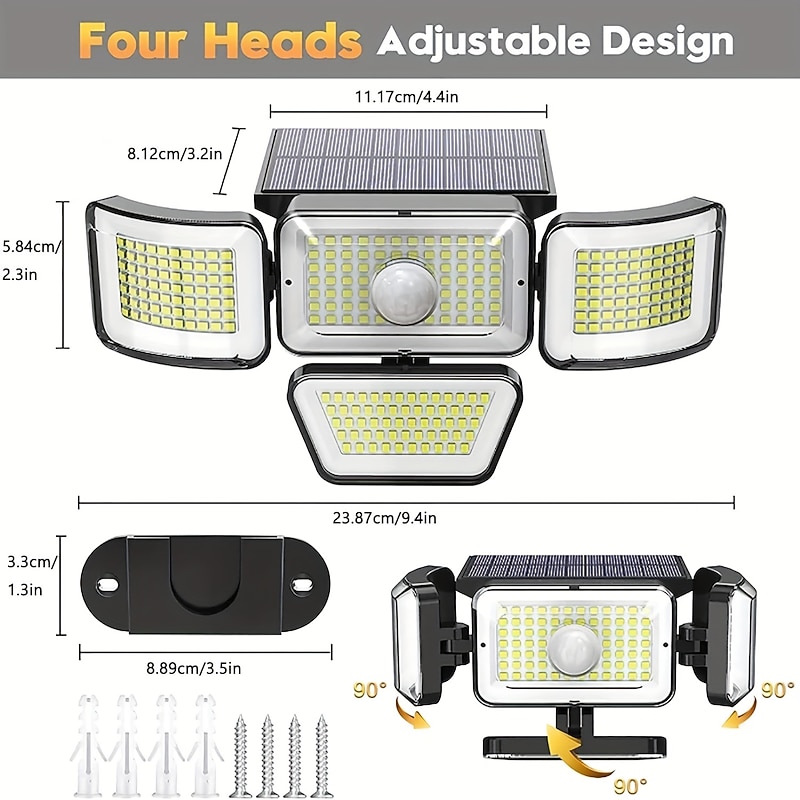 Solar Flood Lights Outdoor Lights 278LEDs 3000LM Motion Sensor Lights Solar Powered Lights 4 Heads Security Flood Lights IP65 Waterproof 300 Wide Angle Wall Lights With 3 Modes for Garden Yard Pathway4