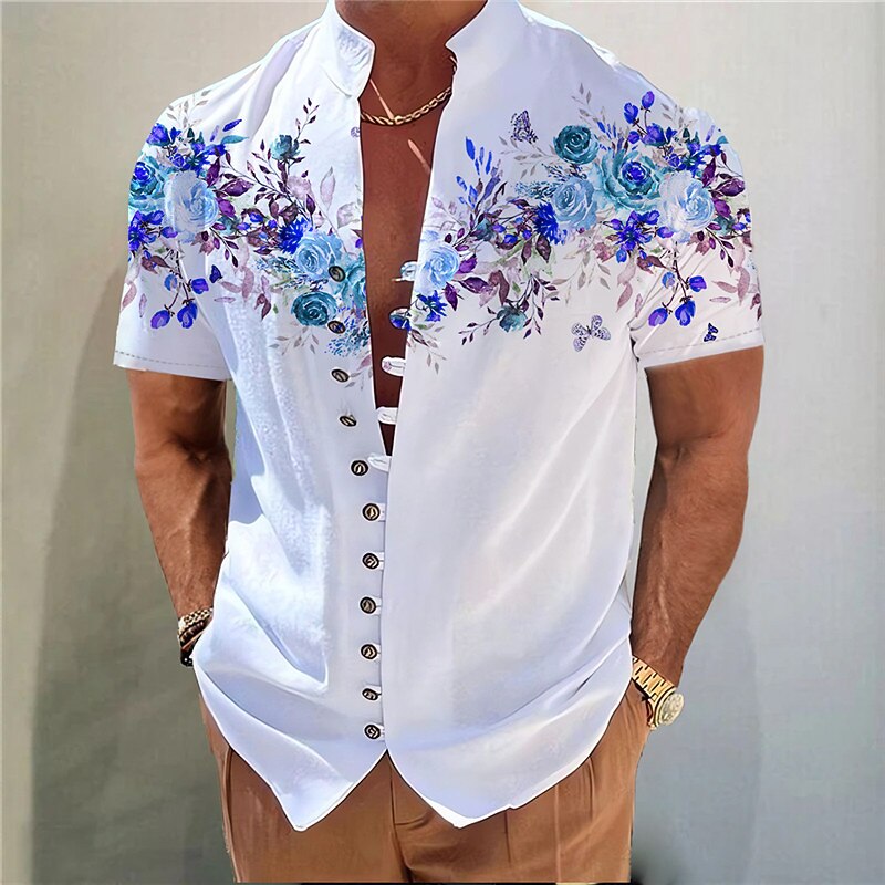 Men's Floral Shirt Button Up Shirt Short Sleeve Fashion Streetwear Designer Outdoor Casual Daily Spring & Summer Stand Collar Print Red Blue Purple Green Gray2