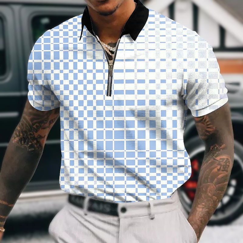 Men's Geometric Zip Polo Shirts Golf Shirt Short Sleeve Polo Shirts Collared Shirts Business Casual WorkWear Formal Wear Festival Wear 3D Print Quarter Zip Polo Lake blue White Red 12
