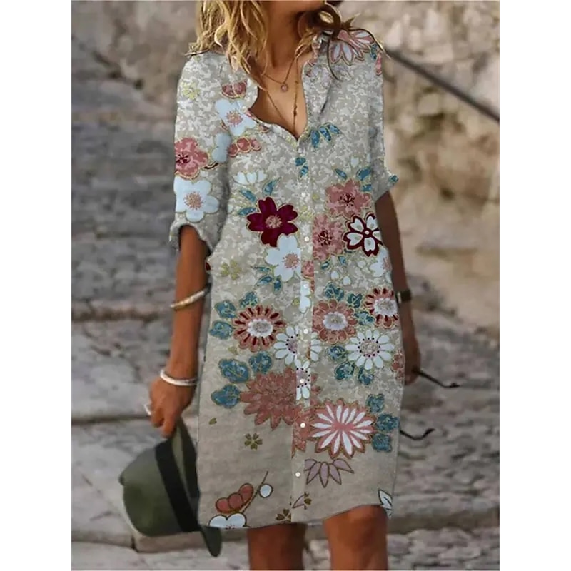 Women's Shirt Dress Casual Dress Shift Dress Midi Dress Outdoor Daily Vacation Fashion Modern Shirt Collar Button Print Half Sleeve Summer Spring Regular Fit Flower