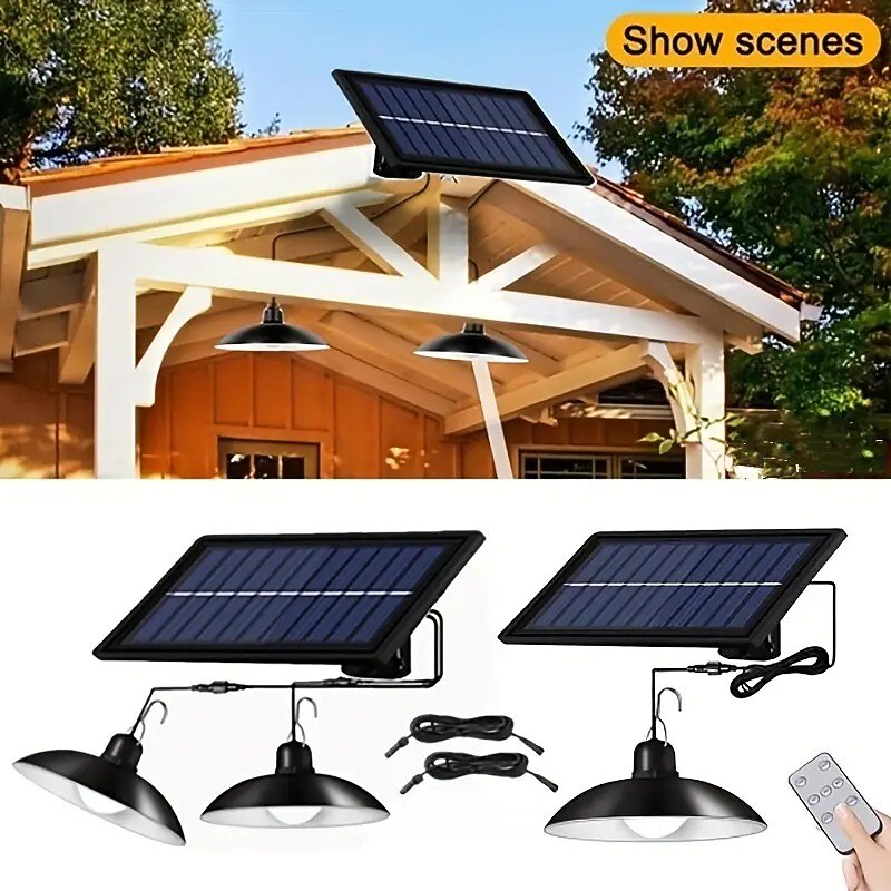 Solar Pendant Lights Outdoor Indoor String Lights Dimmable IP65 Waterproof Dual Head Solar Shed Light with 3M Cord and Remote Controller3