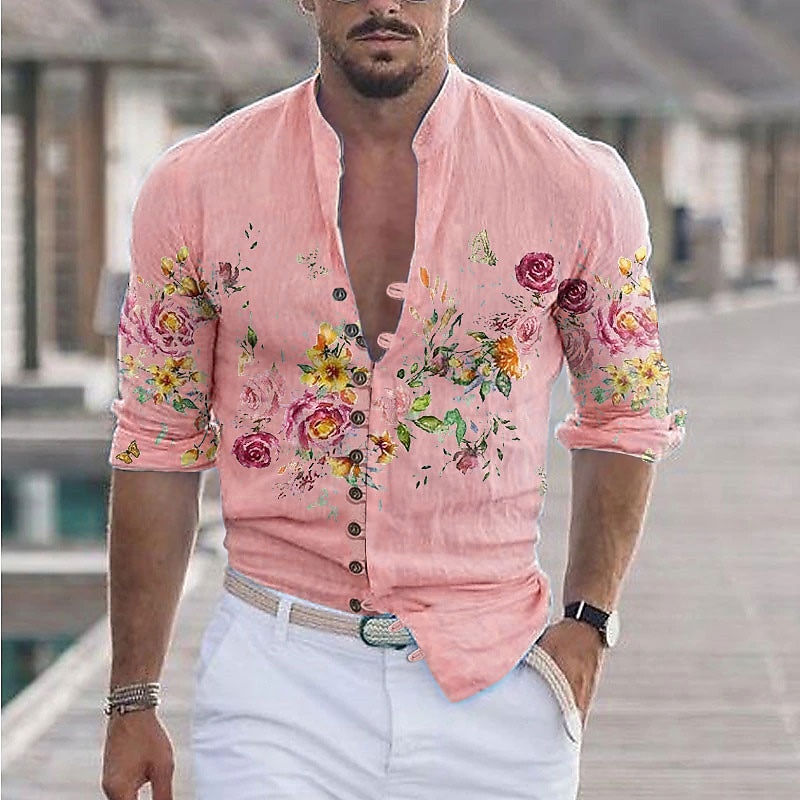 Men's Floral Graphic Prints Shirt Long Sleeve Shirt Stand Collar Outdoor Street Black White Yellow Light Green Pink Print Clothing Apparel Fashion Streetwear Designer Casual4