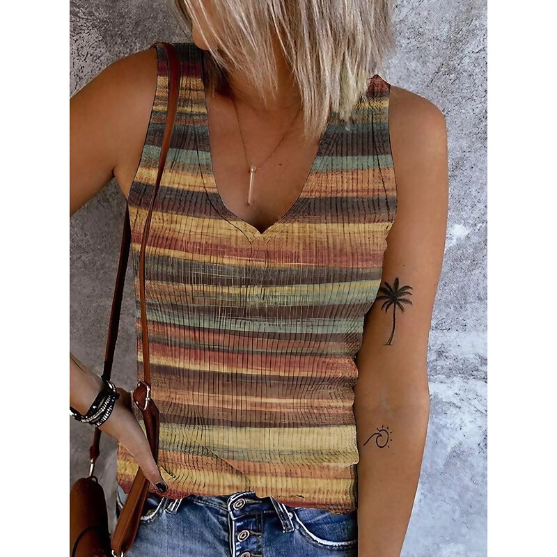 Women's Camisole Tank Top Going Out Tops Basic Striped Buttons Print Sleeveless Regular Tops V Neck Casual Pink Blue Purple Khaki - Main Image