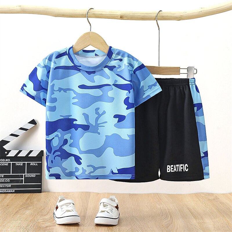 2 Pieces Kids Boys T-shirt & Shorts Outfit Rabbit Camo Letter Short Sleeve Set Outdoor Vacation Sports Cool Summer Spring 7-13 Years Pink Blue Sky Blue3