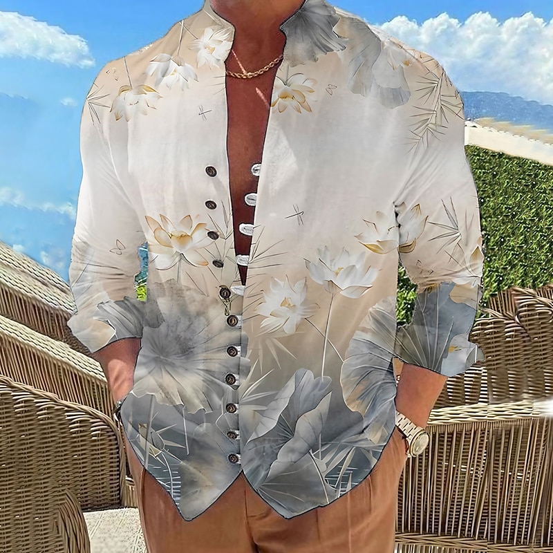 Men's Floral Graphic Prints Shirt Long Sleeve Shirt Stand Collar Outdoor Vacation Yellow Blue Green Gray Print Clothing Apparel Fashion Designer Casual Comfortable