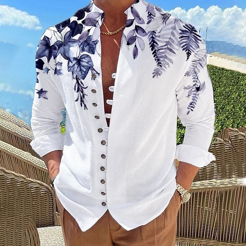 Men's Leaves Shirt Button Up Shirt Long Sleeve Fashion Designer Casual Outdoor Vacation Daily Fall Autumn / Fall Spring & Summer Stand Collar Print Lake blue White Pink Red Blue3