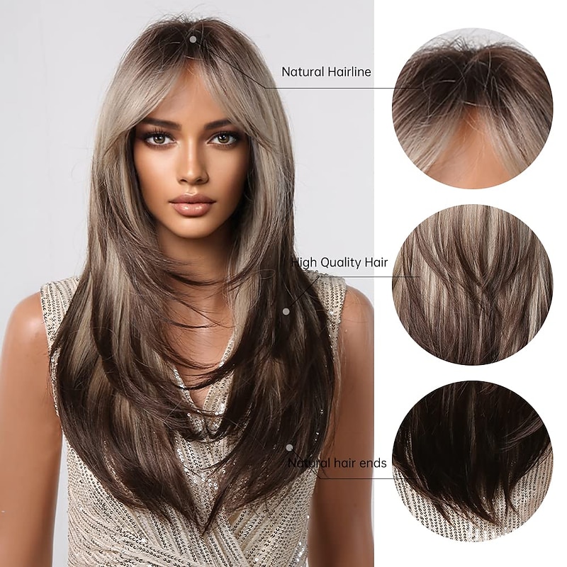 Blonde Brown Ombre Wigs For Black Women Long Layered Straight Wigs With Air Bangs Synthetic Wigs Natural Hair For Daily Party Use barbiecore Wigs2