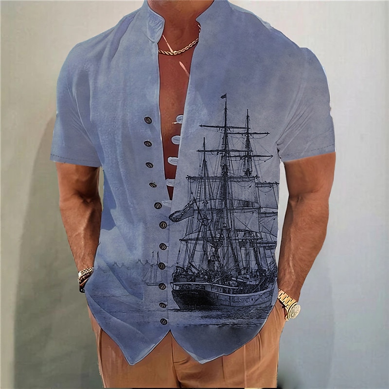 Men's Nautical Vintage Sailboat Shirt Button Up Shirt Short Sleeve Vintage Fashion Streetwear Outdoor Casual Daily Spring & Summer Stand Collar Print Blue Purple Green Khaki Gray2