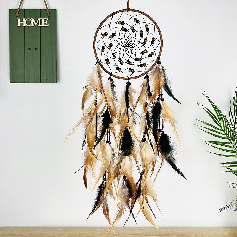 Brown Dream Catcher Handmade Gift Feather Hook Flower Wind Chime with One Circles Ornament Wall Hanging Decor Art Boho Style 16x56cm/6.2''x22''