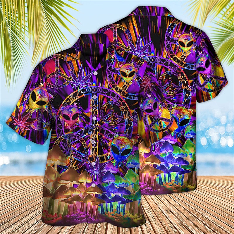 Men's Colorful Mushroom Alien Shirt Summer Hawaiian Shirt Aloha Shirt Short Sleeve Shirt Turndown Tropical Fashion Hawaiian Casual Hawaiian Holiday Red Blue Purple S M L4