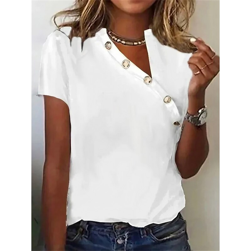 Women's T Shirt Dressy Tops Solid Color Stylish Casual Short Sleeve Asymmetric Neck Regular Tops Daily Buttons Black White Pink Green Gray Summer