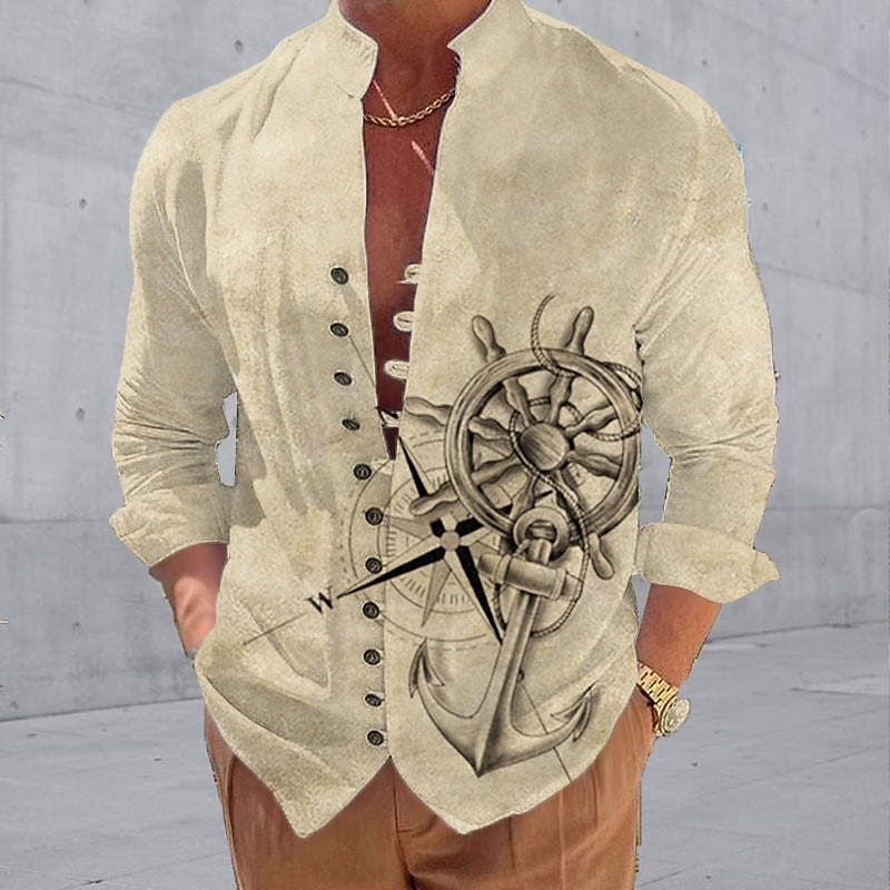Men's Nautical Anchor Vintage Shirt Button Up Shirt Long Sleeve Vintage Fashion Streetwear Outdoor Casual Daily Summer Spring Fall Stand Collar Print White Yellow Blue Green Khaki2