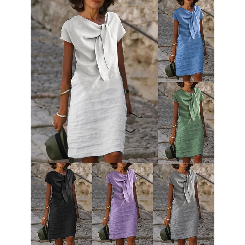 Women's White Dress Casual Dress Cotton Dress Midi Dress Lace up Knotted Basic Casual Daily Vacation V Neck Short Sleeve Summer Spring Black White Plain2