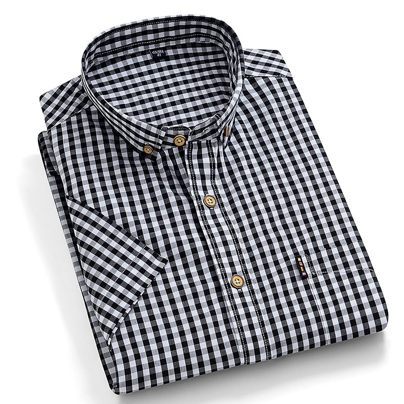 Men's Dress Shirt Button Down Shirt Stripes and Plaid Wedding Office & Career Black Red Dark Navy Blue Short Sleeve Turndown Spring & Summer Clothing Apparel