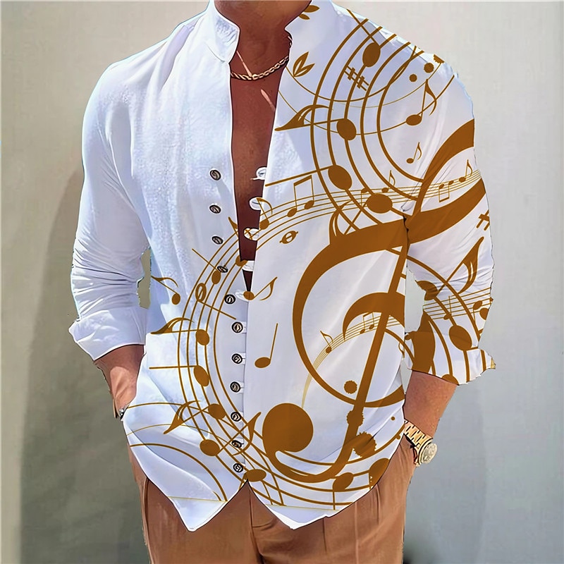 Men's Music Notes Shirt Button Up Shirt Long Sleeve Fashion Designer Casual Vacation Daily Going out Fall Autumn / Fall Spring & Summer Stand Collar Print Black Yellow Blue Purple Green2