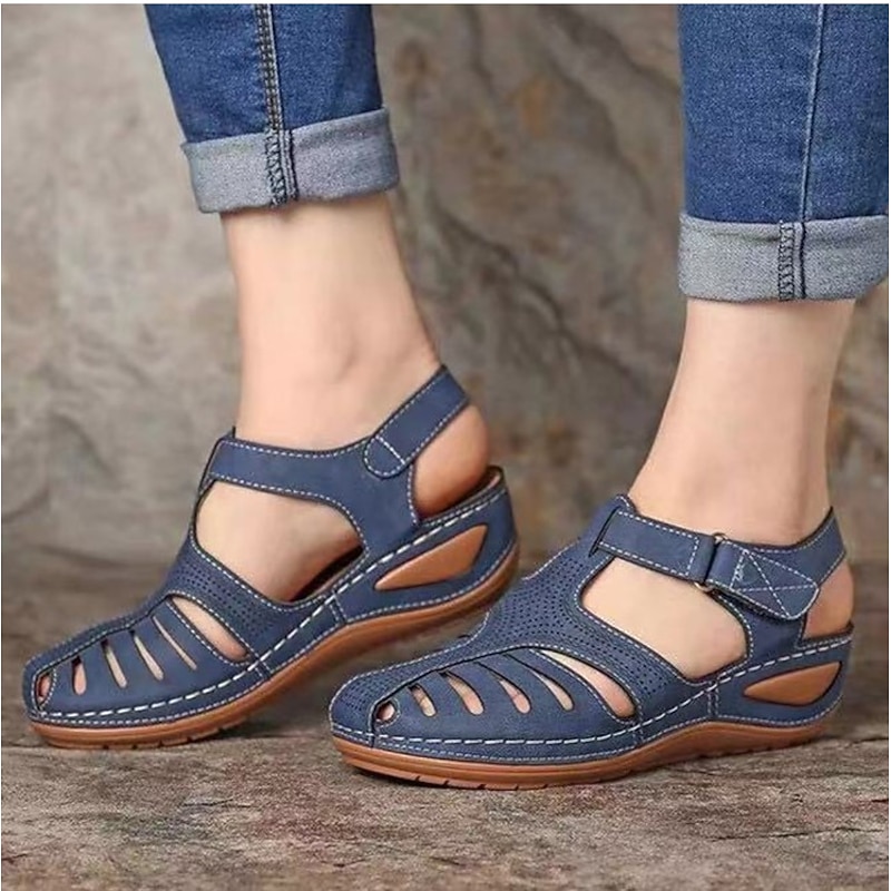 Comfortable Navy Blue Women's Cut-Out Sandals - Breathable Leather Design with Adjustable Strap, Ideal for Everyday Wear