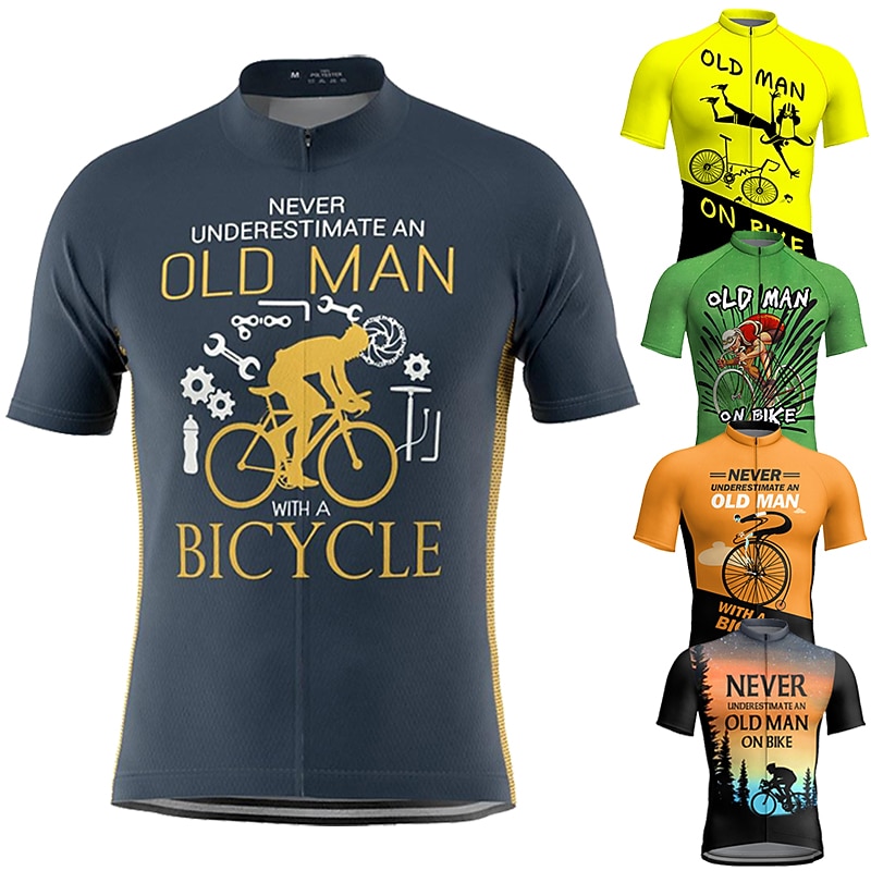 21Grams Old Man Men's Short Sleeve Cycling Jersey Summer Polyester Funny Bike Jersey Top Mountain Bike MTB Road Bike Cycling Breathable Quick Dry Moisture Wicking Blue+Orange Blue+Yellow Blue+Pink2