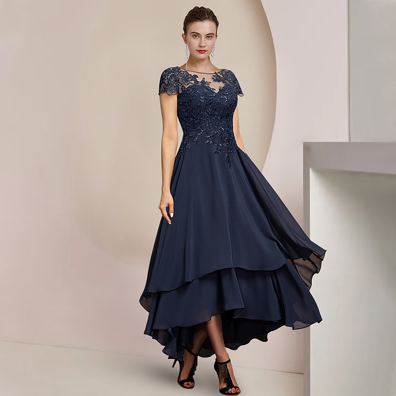 A-Line Mother of the Bride Dress Formal Wedding Guest Elegant High Low Scoop Neck Asymmetrical Tea Length Chiffon Lace Short Sleeve with Sequin Appliques