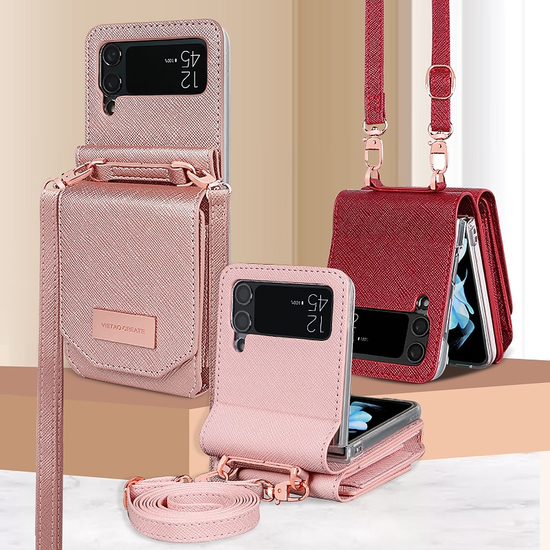Phone Case For Samsung Galaxy Z Flip 6 Z Flip 5 Z Flip 4 Z Flip 3 Handbag Purse Wallet Case Flip with Removable Cross Body Strap With Card Holder Solid Colored PC PU Leather