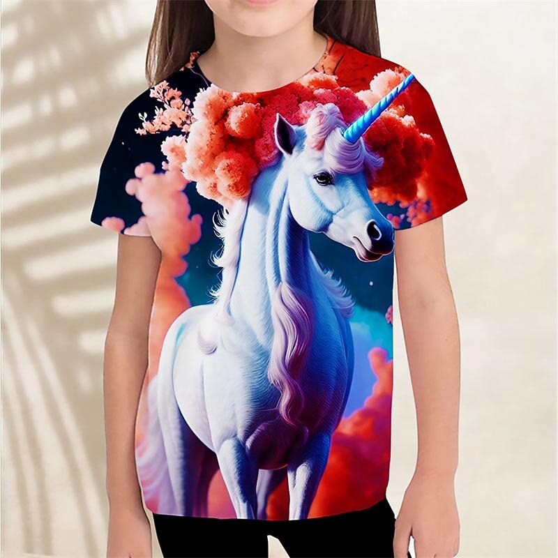 Girls' 3D Graphic Unicorn Cloud T shirt Tee Short Sleeve 3D Print Summer Spring Active Fashion Cute Kids 3-12 Years Outdoor Casual Daily Regular Fit3