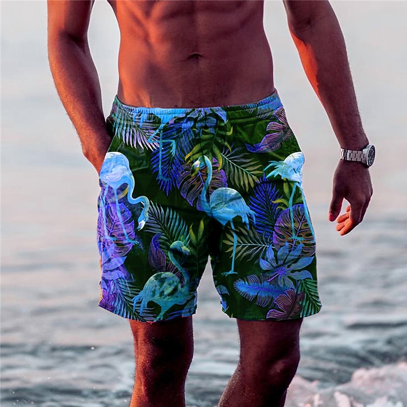 Men's Leaf Flamingo Graphic Prints Board Shorts Swim Shorts Swim Trunks Mid Waist Hawaiian Boho Casual Daily Holiday Drawstring with Mesh lining Elastic Waist Designer Clothing Apparel4