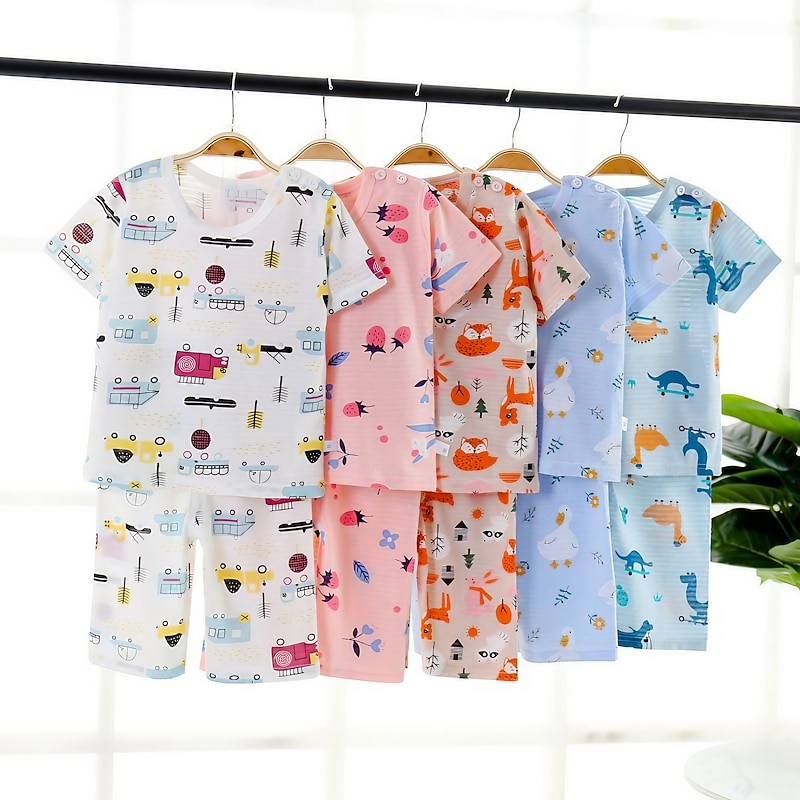 Toddler Boys 2 Pieces Pajama Sets Short Sleeve White Pink Navy Blue Animal Cartoon Crewneck Summer Spring Basic Home 3-7 Years