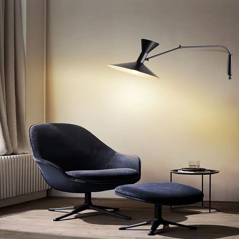 Swing Arm Wall Sconce Plug in Rotatable Black、Black Modern Wall Lights with On/Off Cord for Bedroom, Living Room4