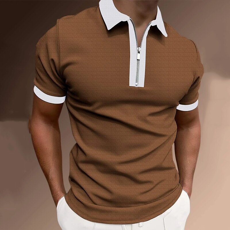 Men's Zip Polo Polo Shirt Casual Holiday Lapel Quarter Zip Short Sleeve Fashion Basic Plain Quarter Zip Summer Regular Fit Black White Pink Red Brown Dark Grey Zip Polo