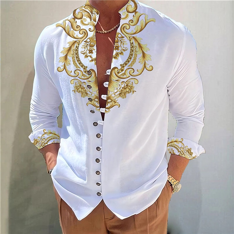 Men's Totem Shirt Button Up Shirt Long Sleeve Fashion Streetwear Designer Outdoor Casual Daily Summer Spring Fall Stand Collar Print Yellow Pink Blue Green Gray