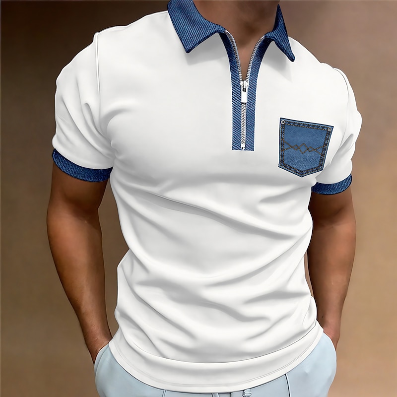 Men's Polo Shirt Golf Shirt Casual Holiday Lapel Quarter Zip Short Sleeve Fashion Basic Color Block Quarter Zip Summer Regular Fit Black White Blue Beige Gray Polo Shirt