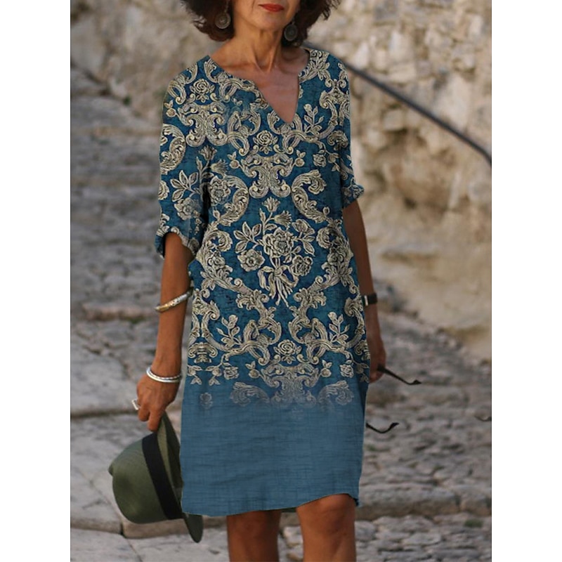 Women's Mini Dress Petite Dress T Shirt Dress Tee Dress Shift Dress Summer Dress Active Vintage Fashion Outdoor Vacation Work Regular Fit Floral Half Sleeve V Neck Pink Navy Blue Blue Gray