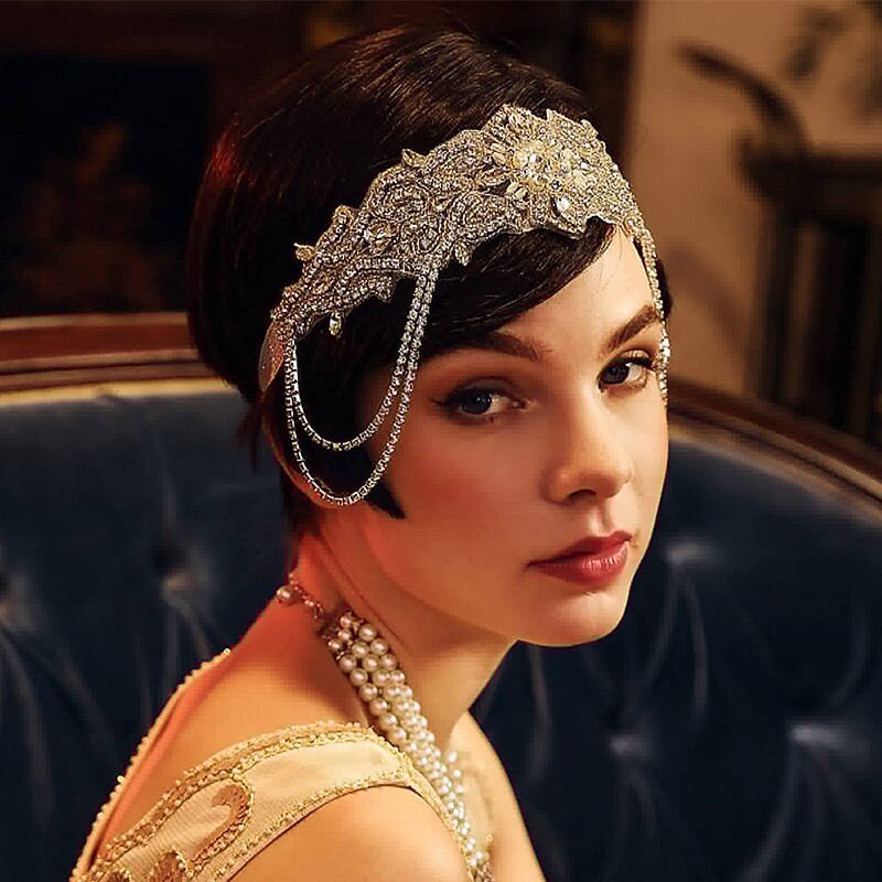 1920s Flapper Headpiece Roaring 20s Headband Great Gatsby Headband Chain for Women Vintage Hair Accessory White Silver Wedding Party2