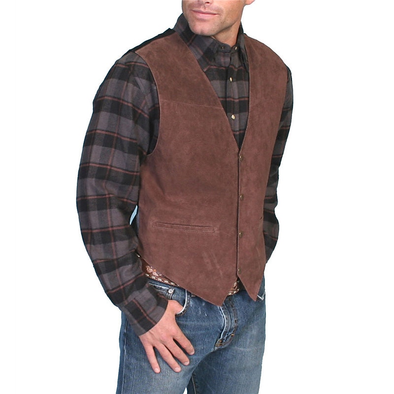 Men's Vest Gilet Daily Wear Vacation Going out Vintage Fashion Spring &  Fall Button Front Pocket Polyester Comfortable Plain Single Breasted V Neck Regular Fit Black Light Brown Brown Vest3