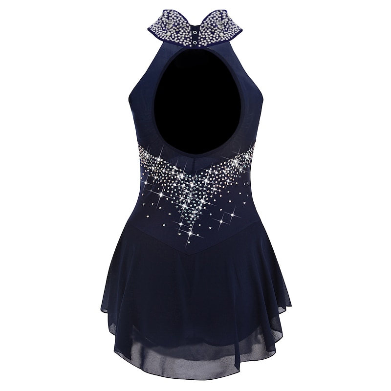 Figure Skating Dress Women's Girls' Ice Skating Dress Outfits Dark Navy Open Back Mesh Spandex High Elasticity Training Practice Professional Skating Wear Handmade Crystal / Rhinestone Sleeveless Ice2