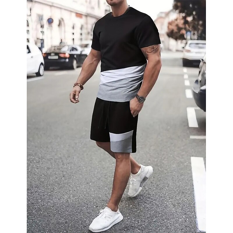 Men's T-shirt Suits Tee & Drawstring Waist Pants Short Sleeves Crew Neck Summer Gymnatics Casual Color Block Street Style Vacation Daily Wear Activewear Army Green Black Yellow Top Tee for Men