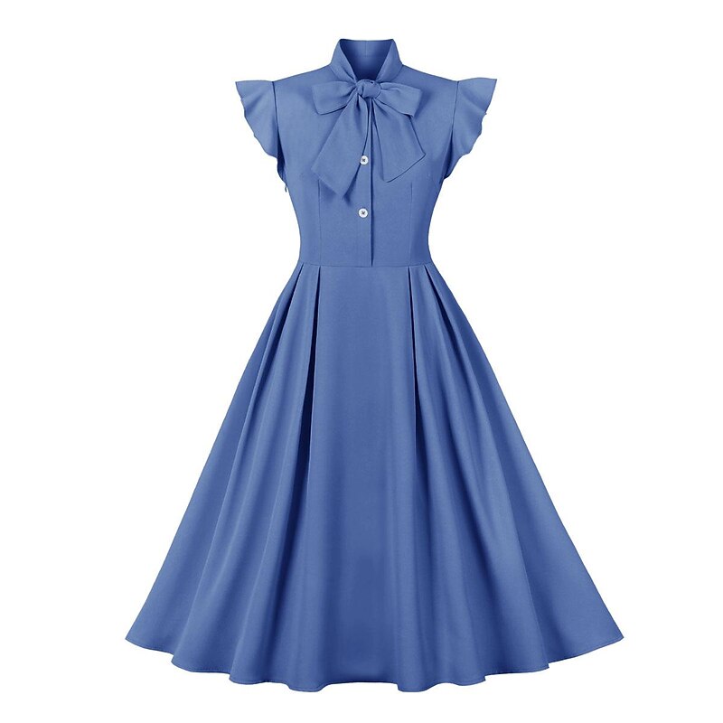 Retro Vintage 1950s Ruffle Midi A Line Dress Rockabilly Swing Dress Cap Sleeve Bow Solid Color Fancy Dress Women's Masquerade Tea Party Casual Daily Bachelorette Party Adults' Dress Homecoming Dresses4