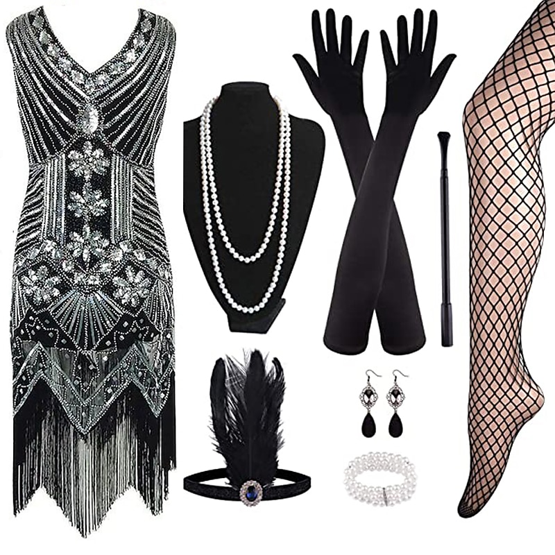Retro Vintage Roaring 20s 1920s Flapper Dress Dress Outfits The Great Gatsby Wedding Guest Sequins Tassel Fringe Fancy Dress Women's Party / Evening Masquerade Wedding Reception Adults' Dress Gloves2