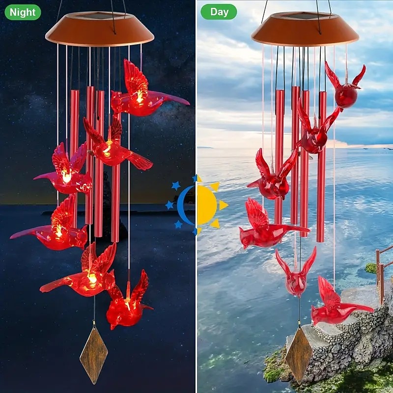 Cardinal Bird Solar Wind Chimes Outdoor Waterproof Garden Lights for Window Decoation Garden Patiio Backyard 6 LEDs Bird4
