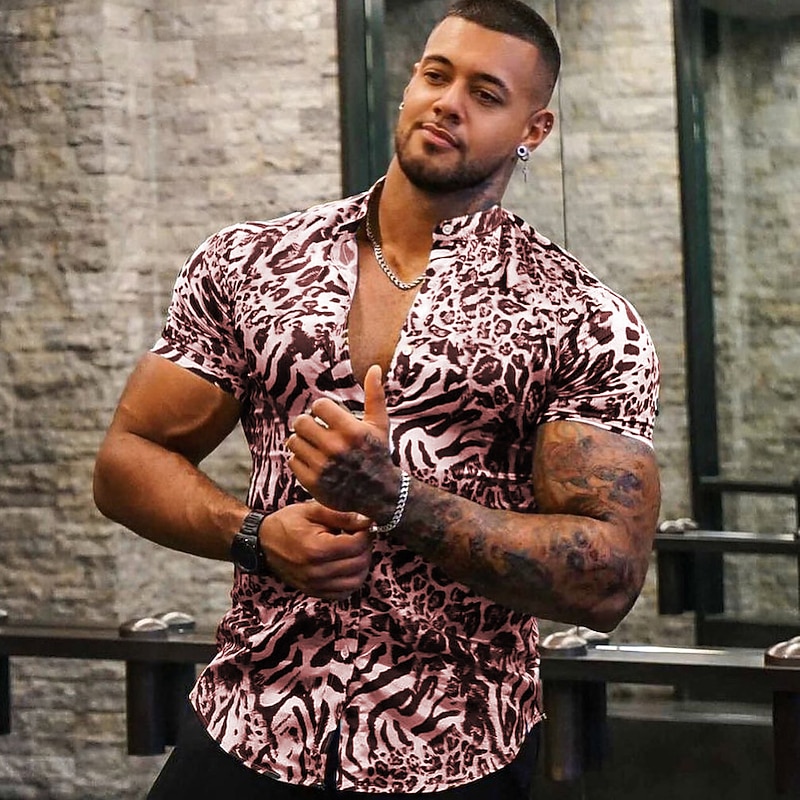 Men's Leopard Shirt Button Up Shirt Short Sleeve Elegant Designer Casual Outdoor Casual Daily Spring, Fall, Winter, Summer Turndown Print Red Purple Gold Green2