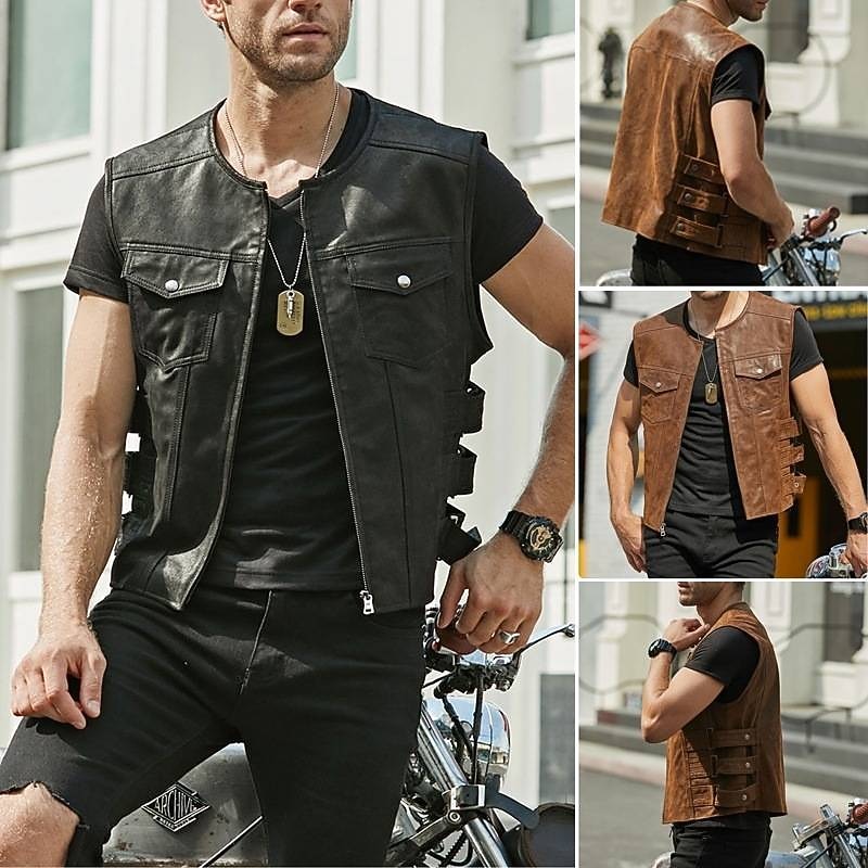 Men's Vest Gilet Daily Wear Vacation Going out Fashion Basic Spring &  Fall Front Pocket Polyester PU Leather Comfortable Plain Zipper Cardigan Crew Neck Regular Fit Black Brown Vest