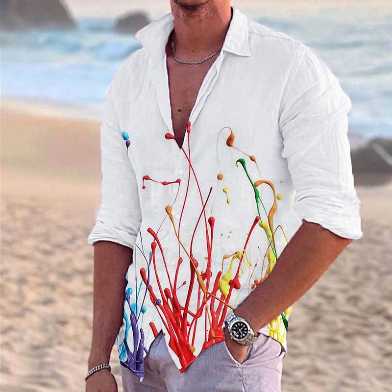 Men's Oil Painting Shirt Button Up Shirt Long Sleeve Fashion Streetwear Designer Outdoor Casual Daily Summer Spring Fall Turndown Print White+Red White Light Green Blue Sky Blue2