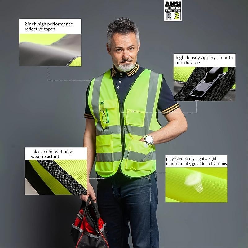 High Visibility Safety Vests with Pockets and Zipper Reflective Mesh Construction Vest for Men Women, Breathable Neon Working Vest for Traffic Work Outdoor Running Cycling Walking One size fits all2