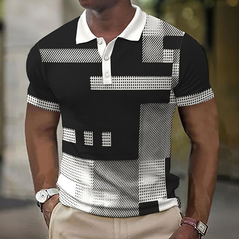 Men's Plaid Waffle Polo Shirts Golf Shirt Short Sleeve Polo Shirts Collared Shirts Vintage Casual Vacation Wear Formal Wear Festival Wear Buttons 3D Print Black Pink Blue