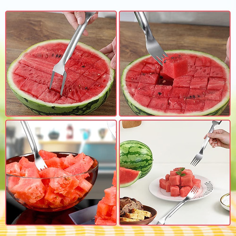 2-in-1 Watermelon Fork Watermelon Slicer Cutter Dual Head Stainless Steel Fruit Cutter Carving Tool for Home Party Family Camping2