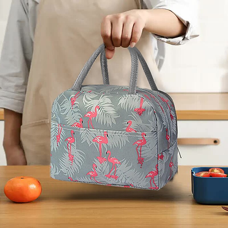 Men's Women's Lunch Bag Oxford Cloth Aluminum Foil Outdoor Office Daily Zipper Print Tiered Insulated Large Capacity Waterproof Solid Color Striped Flamingos Leaf Grey Flamingo Green flamingo4