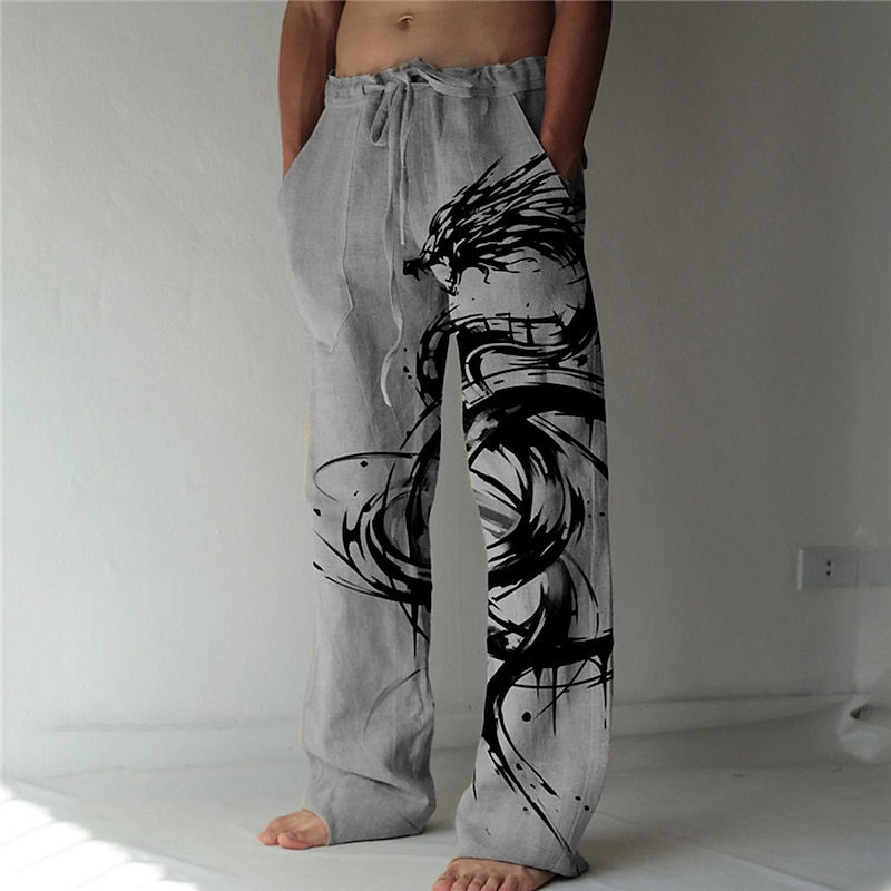 Christmas Dragon Print Pants Mens Graphic | Casual Summer Beach Daily Holiday Grey Hawaiian Blue | Trousers Drawstring Elastic Waist 3D Prints Comfort Streetwear2
