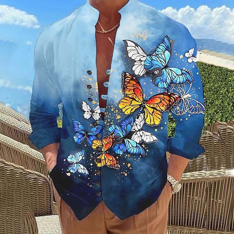 Men's Butterfly Shirt Summer Hawaiian Shirt Aloha Shirt Long Sleeve Shirt Stand Collar Fashion Designer Casual Outdoor Vacation Street Blue-Green Red Blue S M L